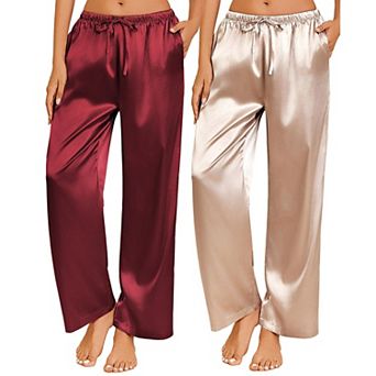 Ekouaer Two Pack Womens Satin Pajama Pants Silk Sleep Lounge Pants Loose Pajama Bottom with Pockets