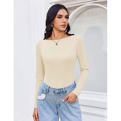 Ekouaer Three Pack Womens Long Sleeve Shirts Boat Neck Ribbed Thermal Undershirts Basic Top