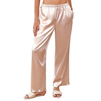 Ekouaer Womens Silk Satin Wide Leg Pajama Sleep Pants Loose Lounge Pants Elastic Waist Pajama