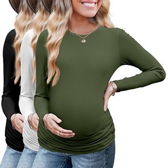 Ekouaer Maternity Long Sleeve Shirt Three Pack Round Neck Pregnancy Tops Casual Tee Top Shirts