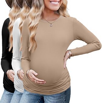 Ekouaer Maternity Long Sleeve Shirt Three Pack Round Neck Pregnancy Tops Casual Tee Top Shirts
