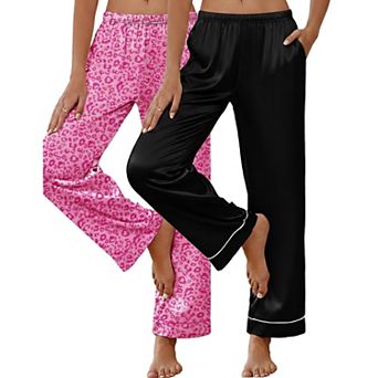 Ekouaer Two Pack Womens Silk Satin Pajamas Pants Lounge Pants Loose Elastic Waist Pajama Bottoms
