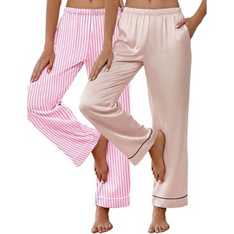 Ekouaer Two Pack Womens Silk Satin Pajamas Pants Lounge Pants Loose Elastic Waist Pajama Bottoms