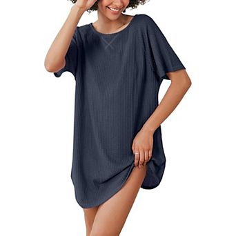 Ekouaer Womens Flare Short Sleeve Sleepshirt Round Neck Sleepwear Plain Pajama Dress