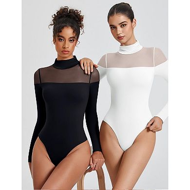 Avidlove Mock Neck Mesh Sleeve Long Sleeve Dual Snap Thong Bodysuit