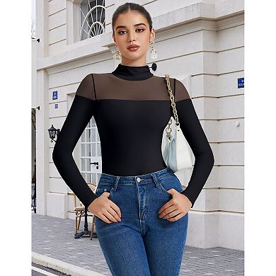 Avidlove Mock Neck Mesh Sleeve Long Sleeve Dual Snap Thong Bodysuit