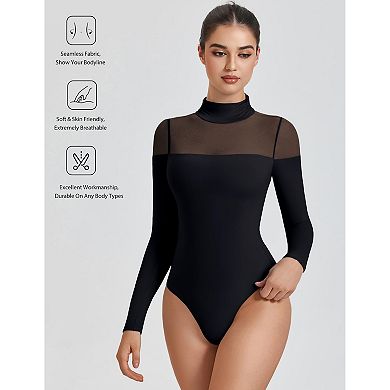 Avidlove Mock Neck Mesh Sleeve Long Sleeve Dual Snap Thong Bodysuit