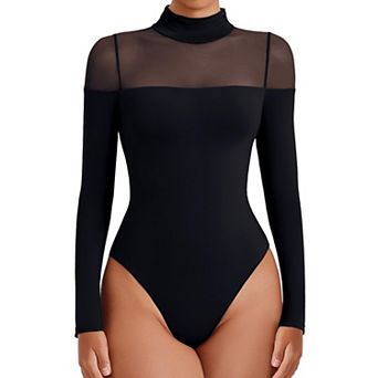 Avidlove Mock Neck Mesh Sleeve Long Sleeve Dual Snap Thong Bodysuit