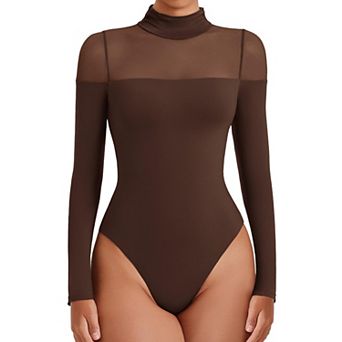 Avidlove Mock Neck Mesh Sleeve Long Sleeve Dual Snap Thong Bodysuit