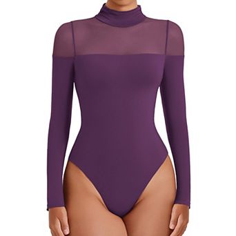 Avidlove Mock Neck Mesh Sleeve Long Sleeve Dual Snap Thong Bodysuit