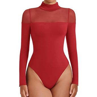 Avidlove Mock Neck Mesh Sleeve Long Sleeve Dual Snap Thong Bodysuit