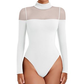 Avidlove Mock Neck Mesh Sleeve Long Sleeve Dual Snap Thong Bodysuit