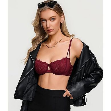 Avidlove Floral Lace Sheer Mesh Unlined Underwire Balconette Demi Lingerie Bra