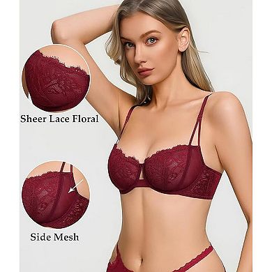 Avidlove Floral Lace Sheer Mesh Unlined Underwire Balconette Demi Lingerie Bra