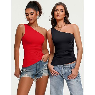 Avidlove One Shoulder Asymmetrical Side Ruched Double Lined Slim Tank Top