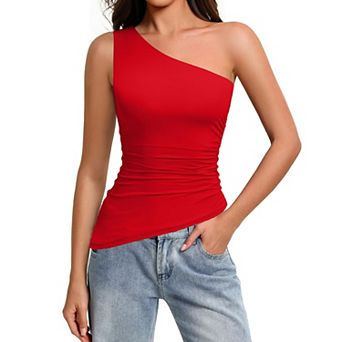 Avidlove One Shoulder Asymmetrical Side Ruched Double Lined Slim Tank Top