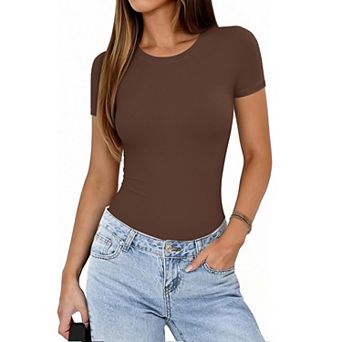 Avidlove Crew Neck Short Sleeve Snap Closure Thong Slim Fit Double Lined Bodysuit