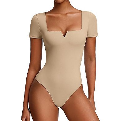 Avidlove Notch Square Neck Short Sleeve Thong Snap Closure Slim Fit Bodysuit
