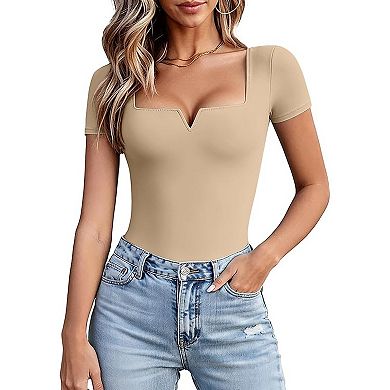 Avidlove Notch Square Neck Short Sleeve Thong Snap Closure Slim Fit Bodysuit