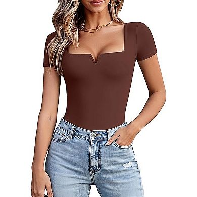 Avidlove Notch Square Neck Short Sleeve Thong Snap Closure Slim Fit Bodysuit