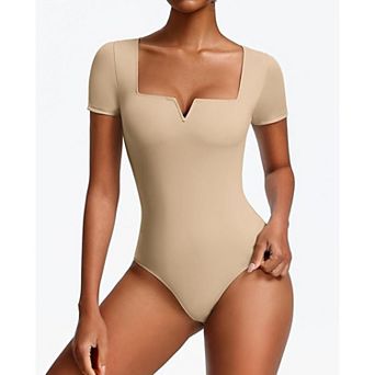 Avidlove Notch Square Neck Short Sleeve Thong Snap Closure Slim Fit Bodysuit