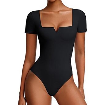 Avidlove Notch Square Neck Short Sleeve Thong Snap Closure Slim Fit Bodysuit