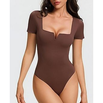 Avidlove Notch Square Neck Short Sleeve Thong Snap Closure Slim Fit Bodysuit
