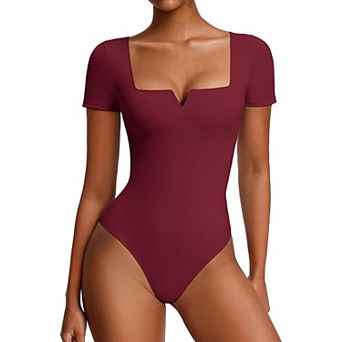 Avidlove Notch Square Neck Short Sleeve Thong Snap Closure Slim Fit Bodysuit
