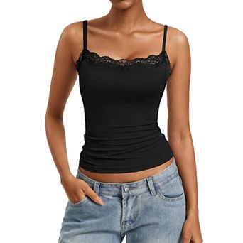 Avidlove Lace Trim Square Neck Adjustable Strap Double Lined Slim Camisole Tank Top