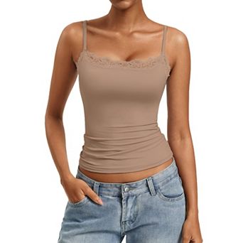 Avidlove Lace Trim Square Neck Adjustable Strap Double Lined Slim Camisole Tank Top