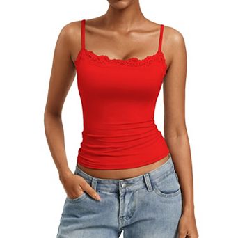 Avidlove Lace Trim Square Neck Adjustable Strap Double Lined Slim Camisole Tank Top