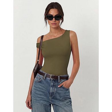 Avidlove Asymmetric Off Shoulder Double Lined Thong Snap Closure Slim Bodysuit