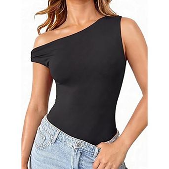 Avidlove Asymmetric Off Shoulder Double Lined Thong Snap Closure Slim Bodysuit