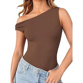 Avidlove Asymmetric Off Shoulder Double Lined Thong Snap Closure Slim Bodysuit