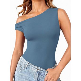 Avidlove Asymmetric Off Shoulder Double Lined Thong Snap Closure Slim Bodysuit