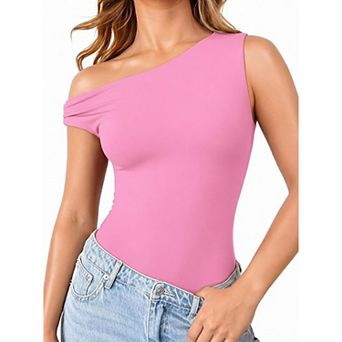 Avidlove Asymmetric Off Shoulder Double Lined Thong Snap Closure Slim Bodysuit