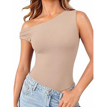 Avidlove Asymmetric Off Shoulder Double Lined Thong Snap Closure Slim Bodysuit