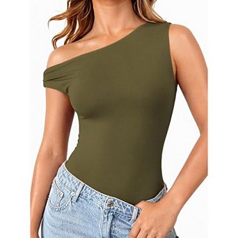 Avidlove Asymmetric Off Shoulder Double Lined Thong Snap Closure Slim Bodysuit