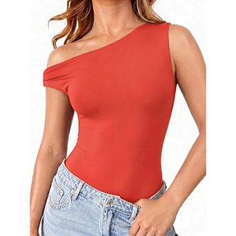 Avidlove Asymmetric Off Shoulder Double Lined Thong Snap Closure Slim Bodysuit