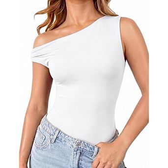 Avidlove Asymmetric Off Shoulder Double Lined Thong Snap Closure Slim Bodysuit