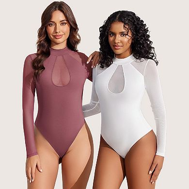 Avidlove Mock Neck Mesh Long Sleeve Keyhole Thong Snap Closure Double Lined Bodysuit