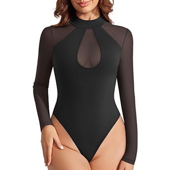Avidlove Mock Neck Mesh Long Sleeve Keyhole Thong Snap Closure Double Lined Bodysuit