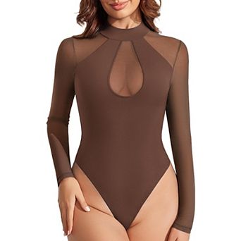 Avidlove Mock Neck Mesh Long Sleeve Keyhole Thong Snap Closure Double Lined Bodysuit