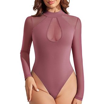 Avidlove Mock Neck Mesh Long Sleeve Keyhole Thong Snap Closure Double Lined Bodysuit