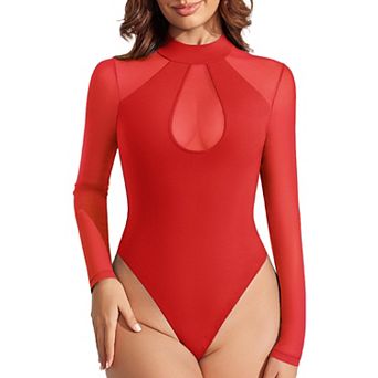 Avidlove Mock Neck Mesh Long Sleeve Keyhole Thong Snap Closure Double Lined Bodysuit