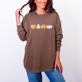 Watercolor Pumpkins Row - Women's Garment Dyed Long Sleeve Graphic T-Shirt