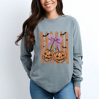 Pumpkin Cherry Bunch - Women's Garment Dyed Long Sleeve Graphic T-Shirt