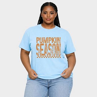 Pumpkin Season Checkered Distressed - Women's Plus Sized Garment Dyed Graphic T-Shirt