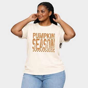 Pumpkin Season Checkered Distressed - Women's Plus Sized Garment Dyed Graphic T-Shirt