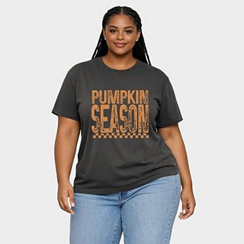 Pumpkin Season Checkered Distressed - Women's Plus Sized Garment Dyed Graphic T-Shirt